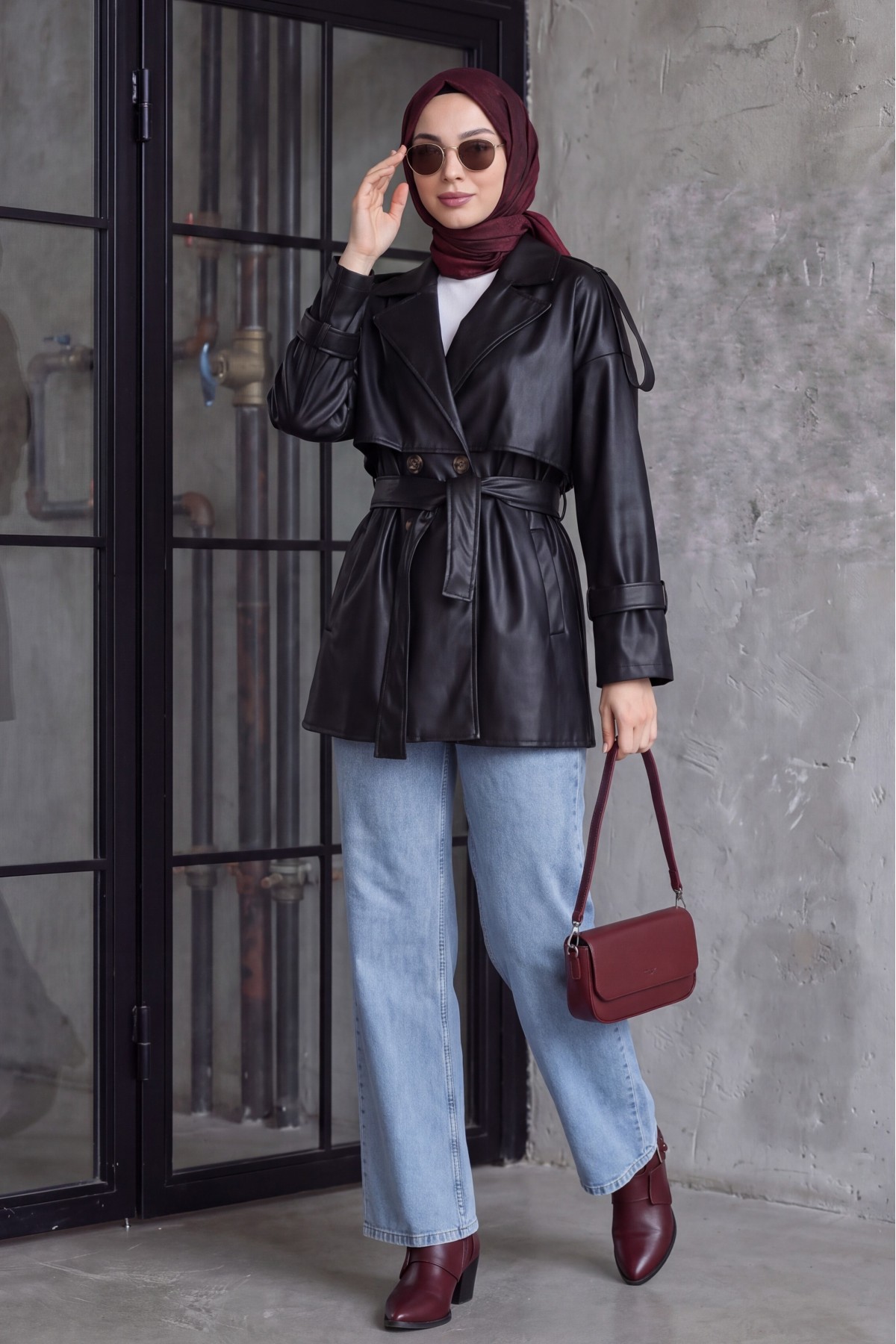Leather Trench Coat with Bolero, Epaulettes, Belted Waist, and Pockets -Black
