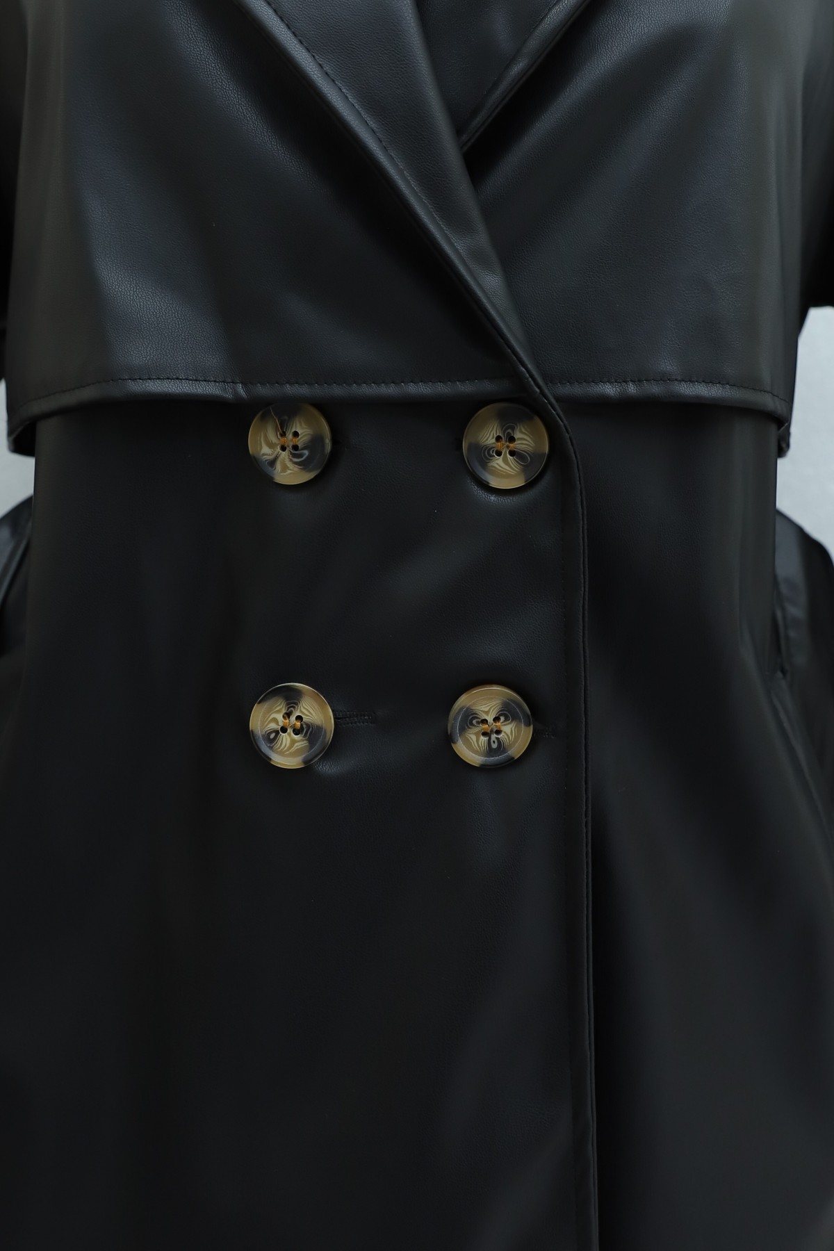 Leather Trench Coat with Bolero, Epaulettes, Belted Waist, and Pockets -Black