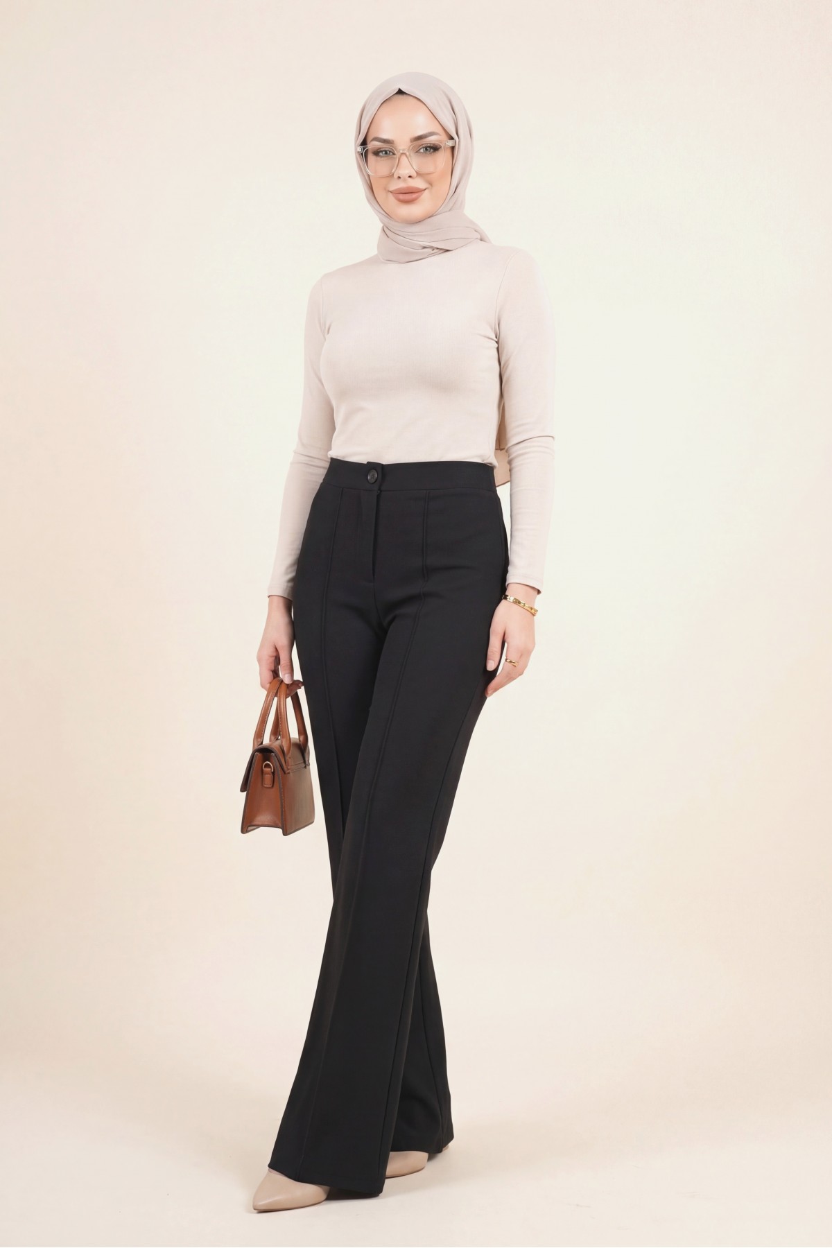 Buttoned, Elastic Waist, Lycra Palazzo Pants -Black