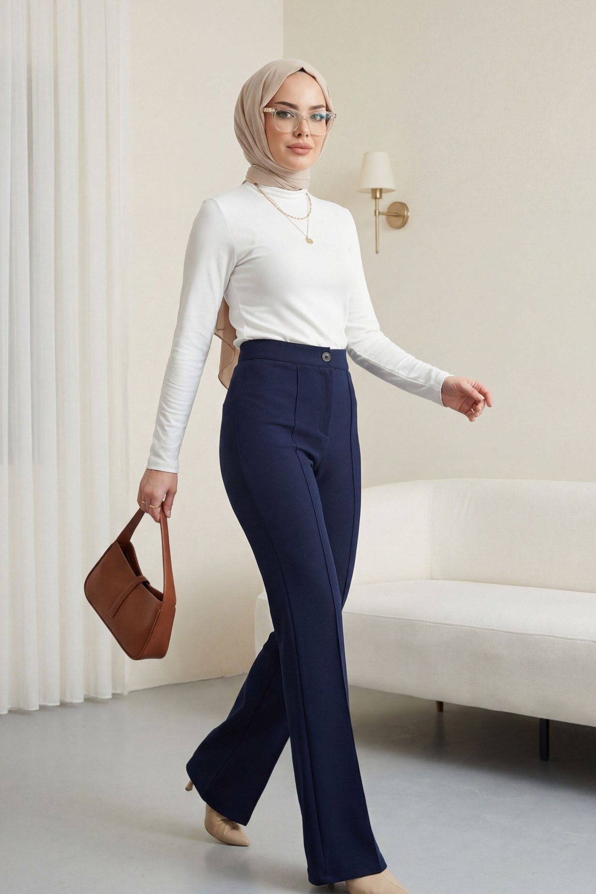 Buttoned, Elastic Waist, Lycra Palazzo Pants  -Navy blue