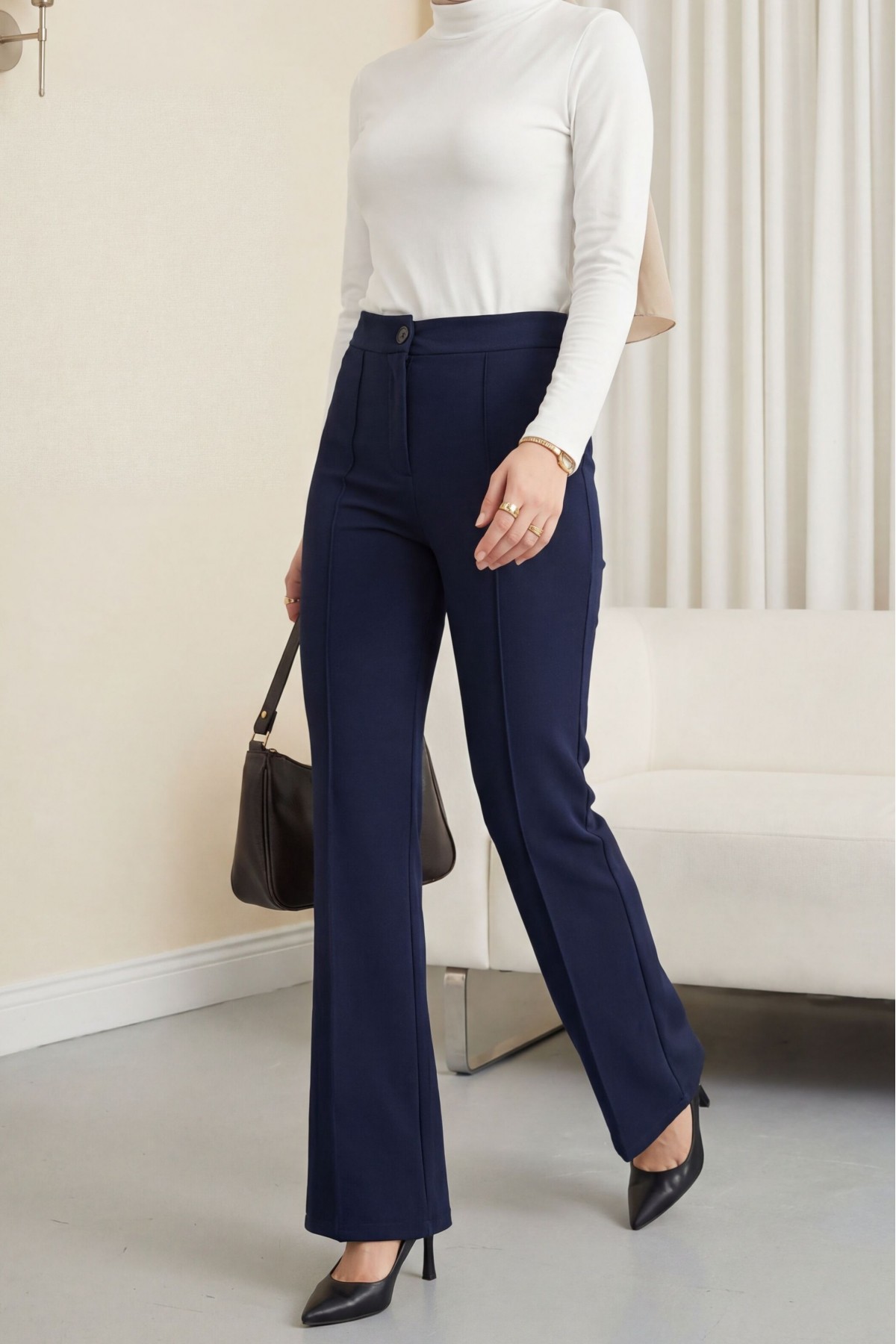 Buttoned, Elastic Waist, Lycra Palazzo Pants  -Navy blue