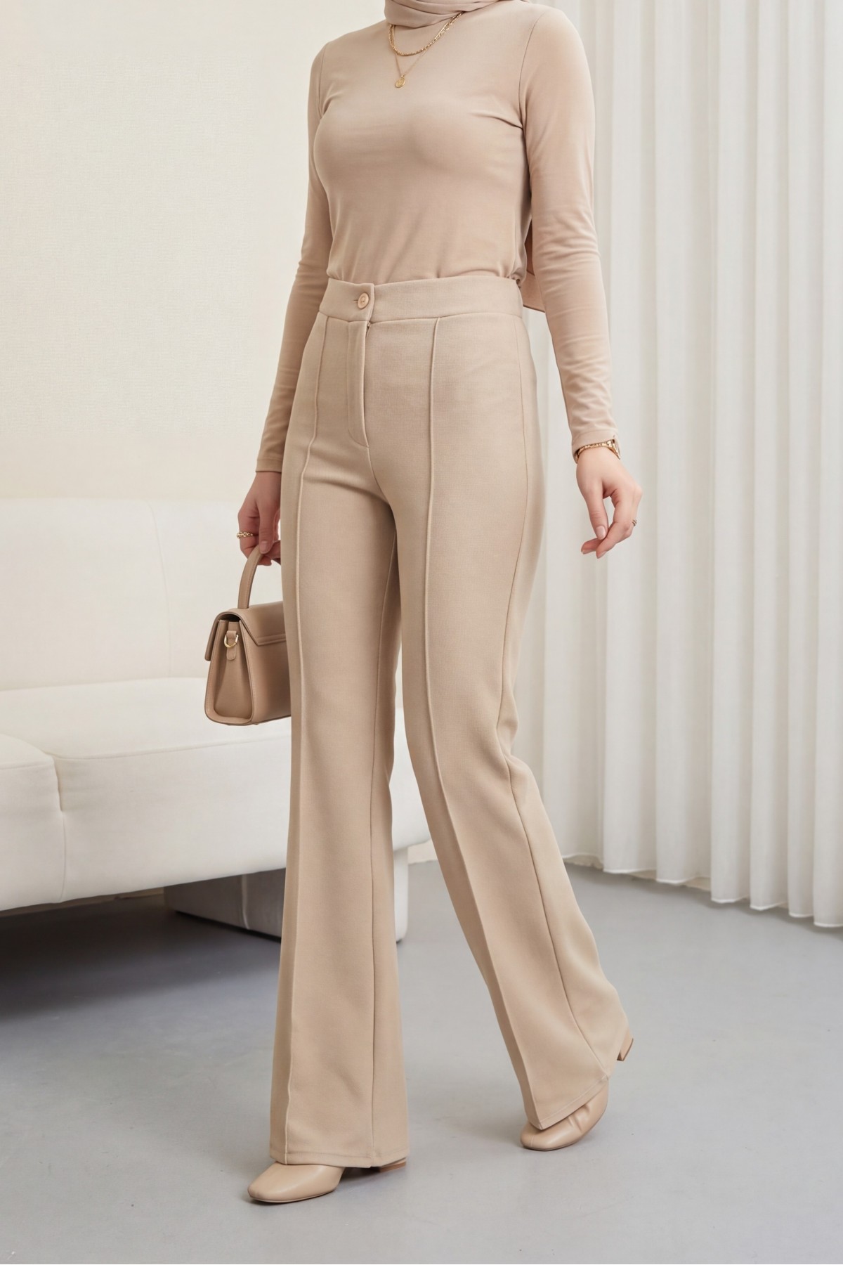 Buttoned, Elastic Waist, Lycra Palazzo Pants   -Stone