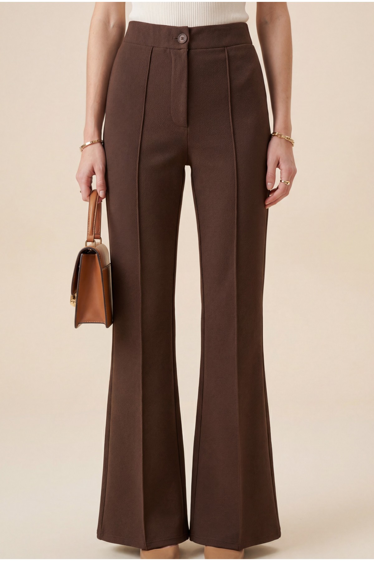 Buttoned, Elastic Waist, Lycra Palazzo Pants -Dark Coffee