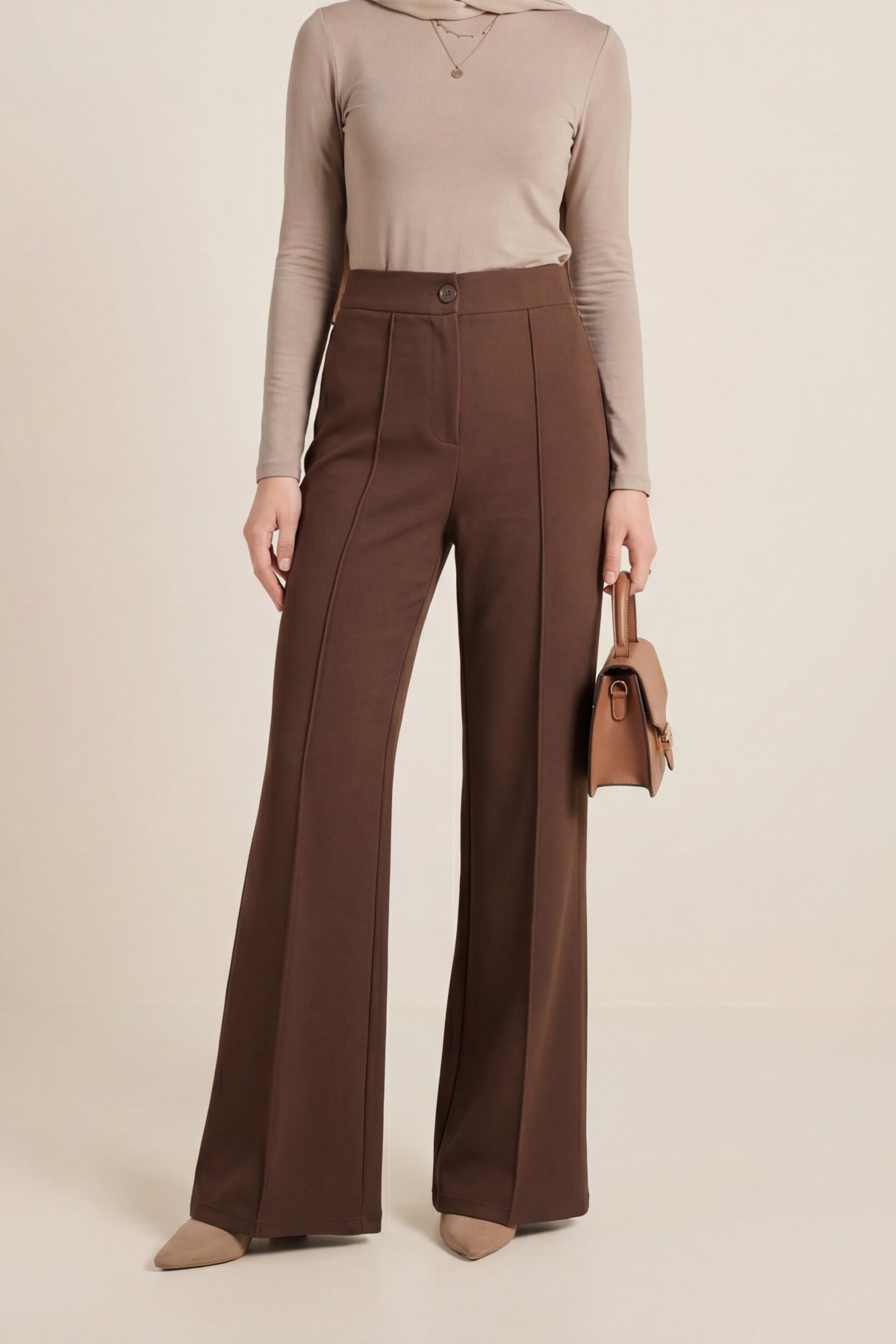 Buttoned, Elastic Waist, Lycra Palazzo Pants -Dark Coffee