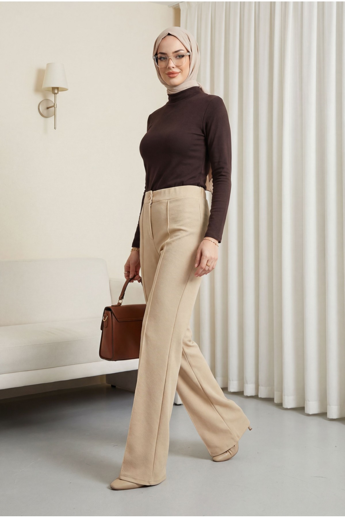 Buttoned, Elastic Waist, Lycra Palazzo Pants  - Beige