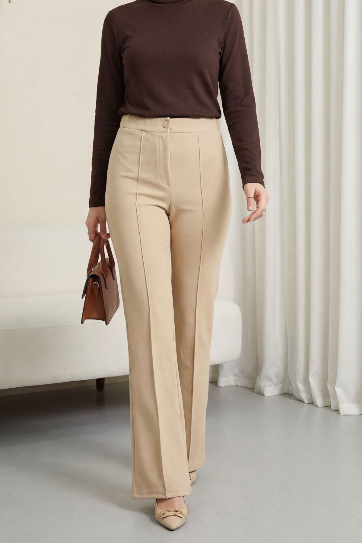 Buttoned, Elastic Waist, Lycra Palazzo Pants  - Beige