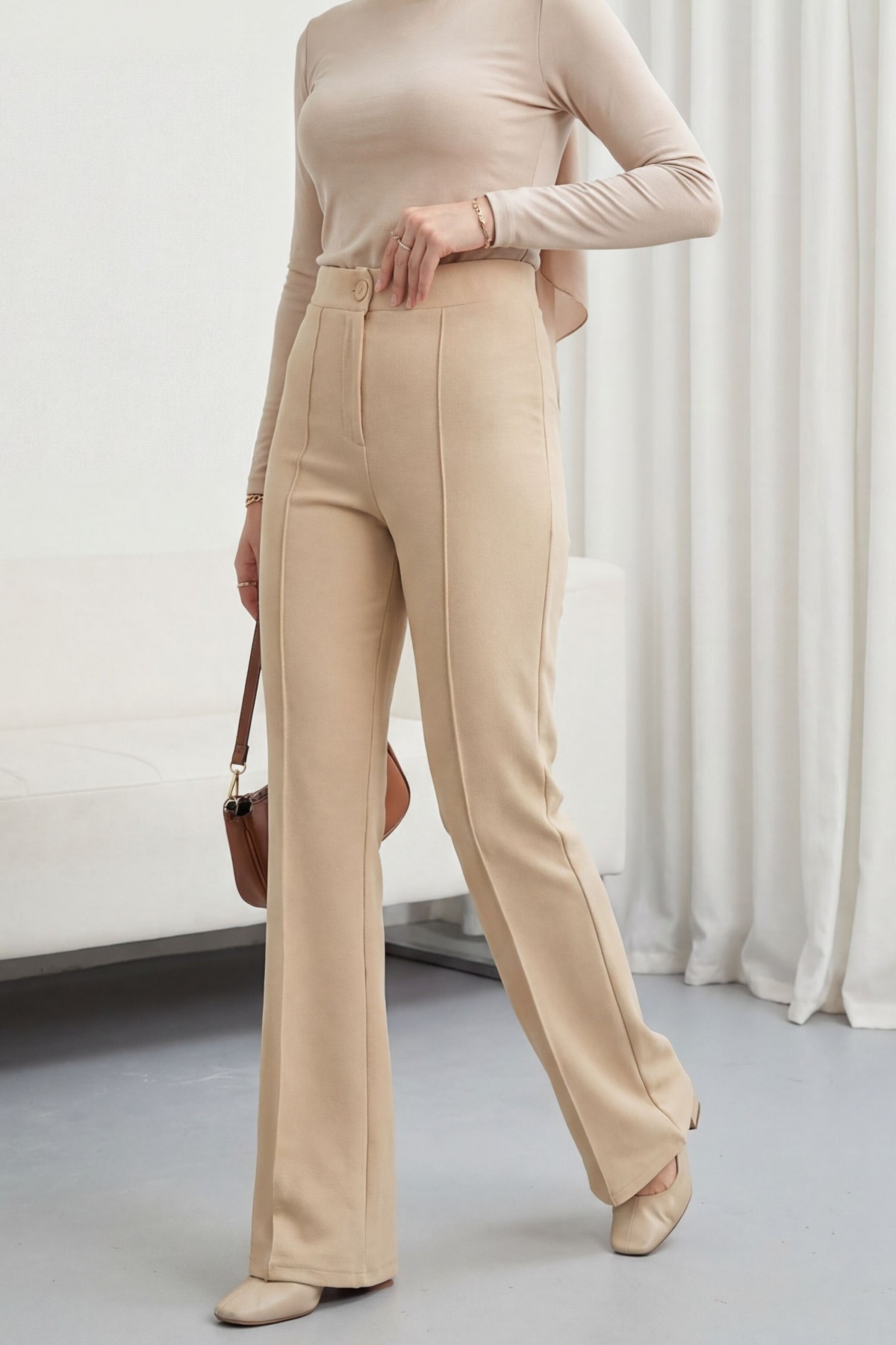 Buttoned, Elastic Waist, Lycra Palazzo Pants  - Beige