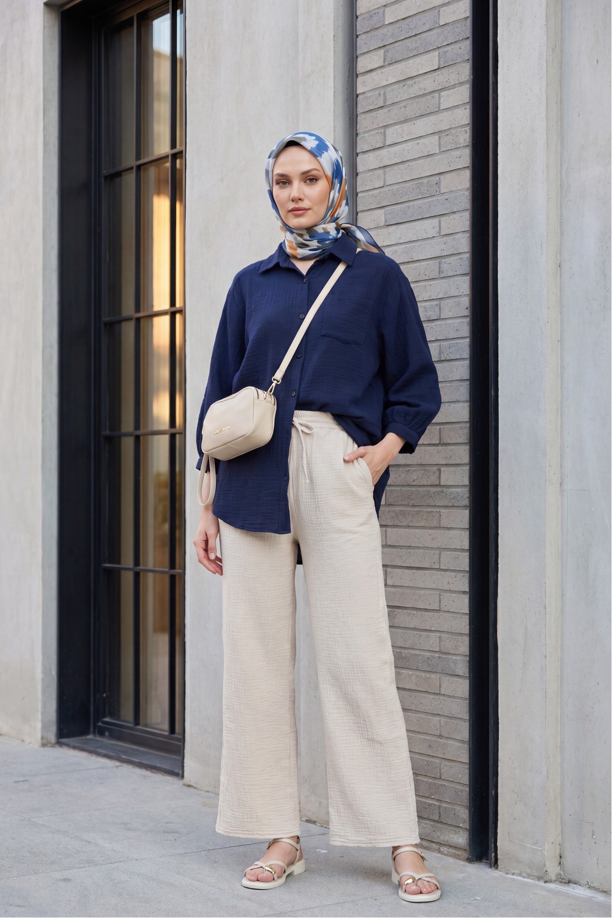 Muslin Pants with Drawstring Detail, Pockets, and Elastic Waist - Beige