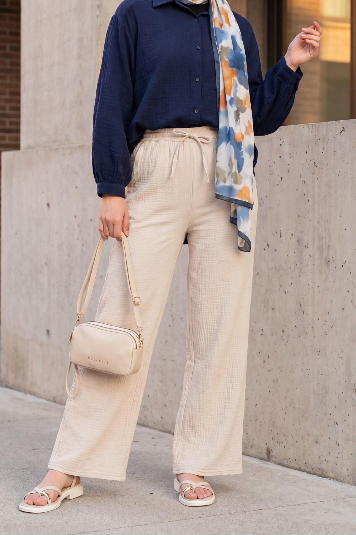 Muslin Pants with Drawstring Detail, Pockets, and Elastic Waist - Beige