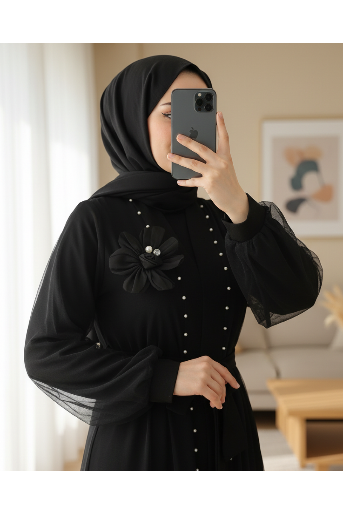 Two-Piece Abaya Set with Rose Collar and Pearl Detail and Striped Skirt -Black