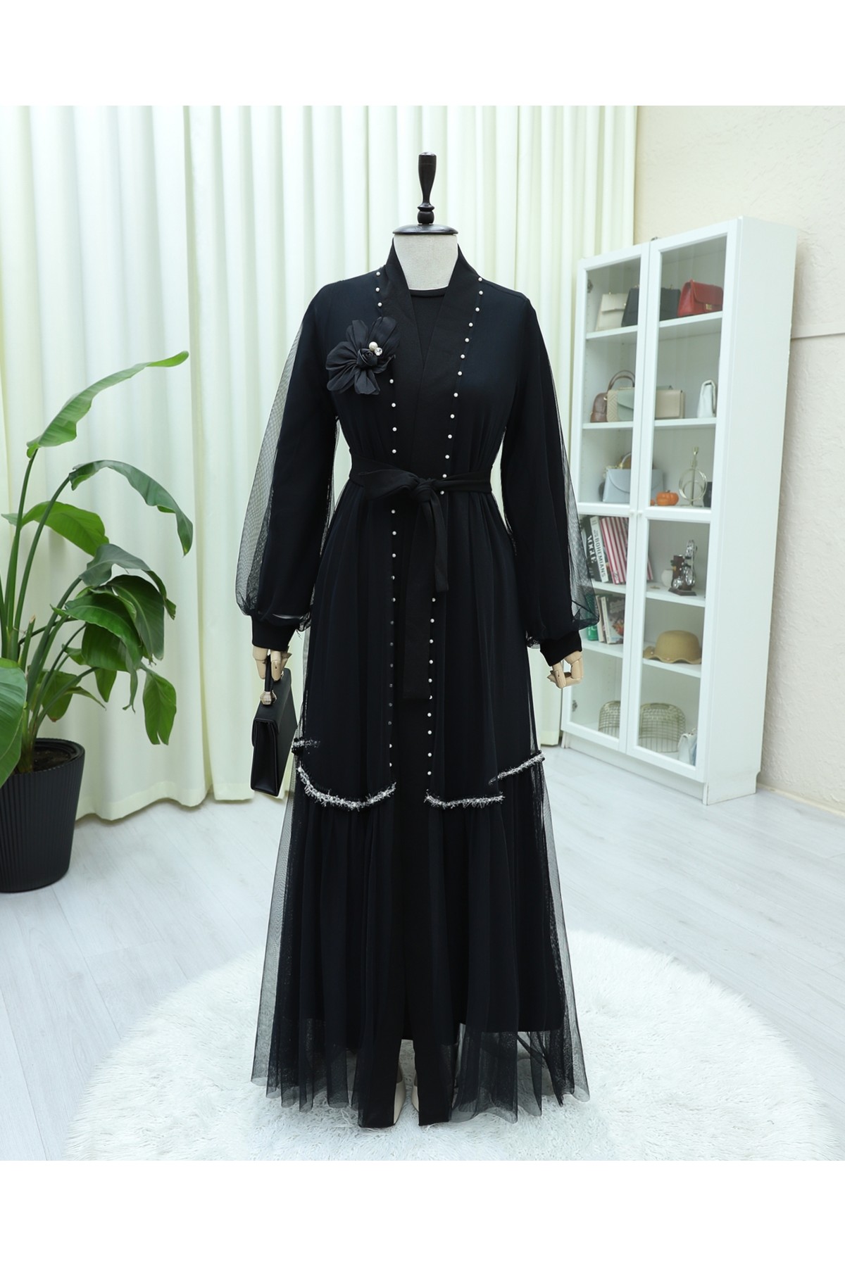 Two-Piece Abaya Set with Rose Collar and Pearl Detail and Striped Skirt -Black