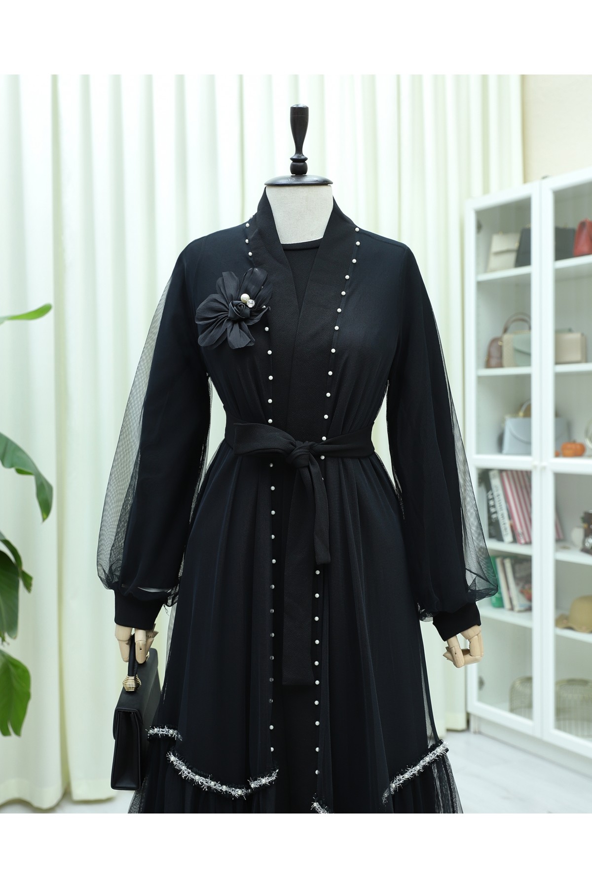 Two-Piece Abaya Set with Rose Collar and Pearl Detail and Striped Skirt -Black
