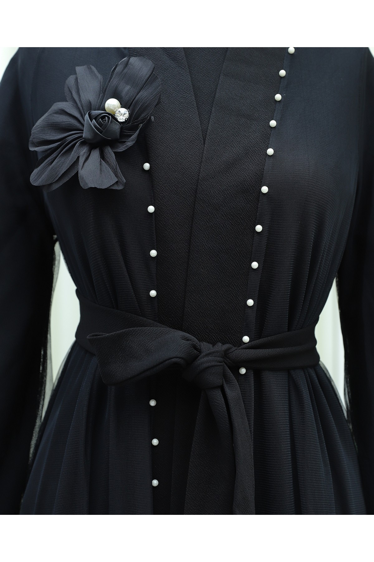 Two-Piece Abaya Set with Rose Collar and Pearl Detail and Striped Skirt -Black