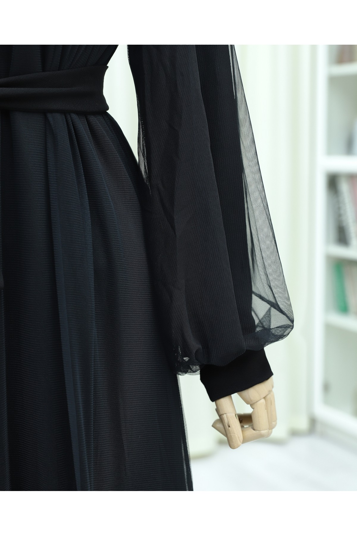 Two-Piece Abaya Set with Rose Collar and Pearl Detail and Striped Skirt -Black