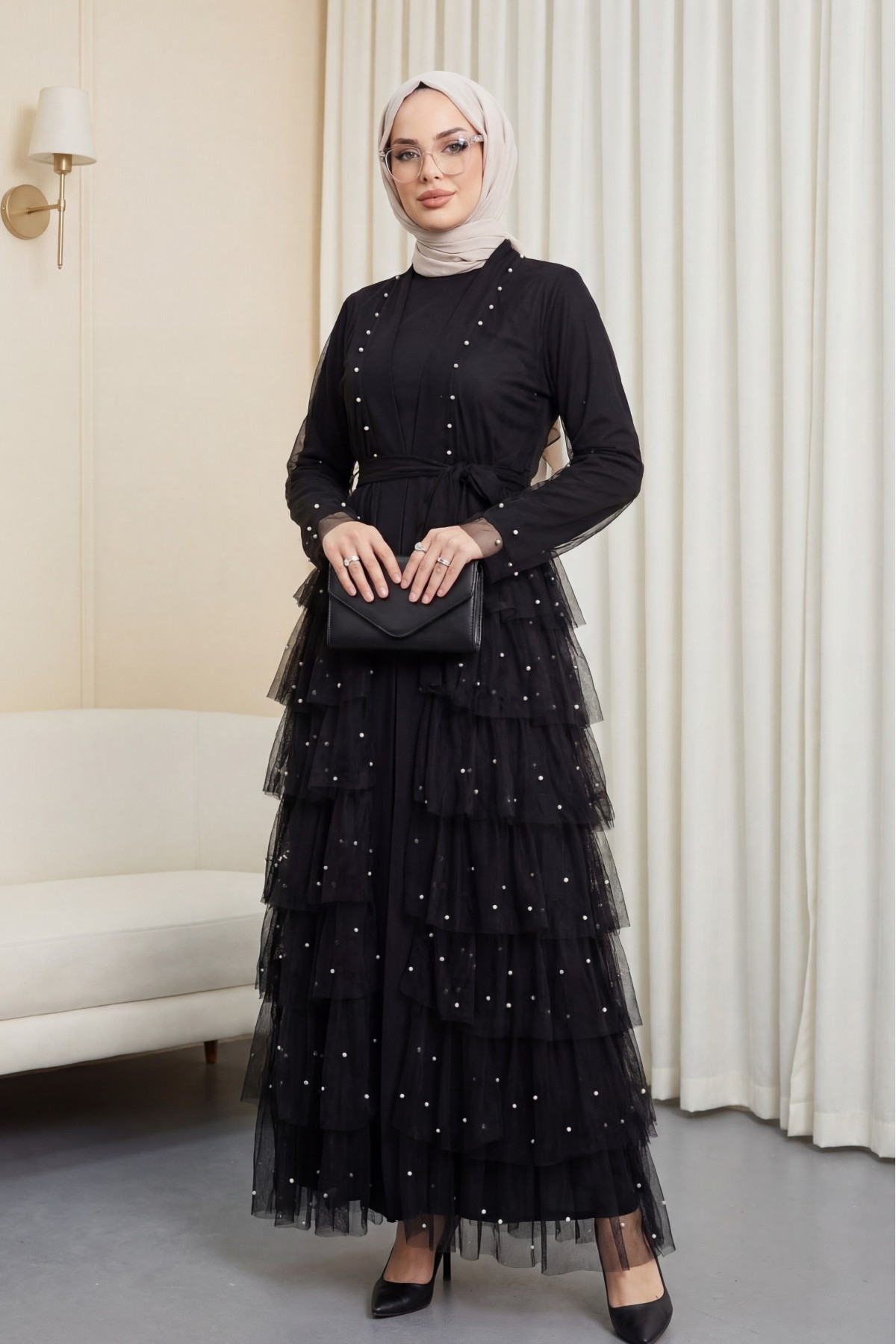 Eteği Katlı Serpme İncili Tül Abaya Takım -Siyah