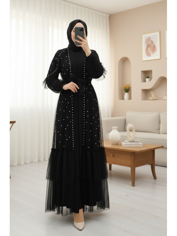 Belted Two-Piece Tulle Abaya Set with Stone and Pearl Details -Black