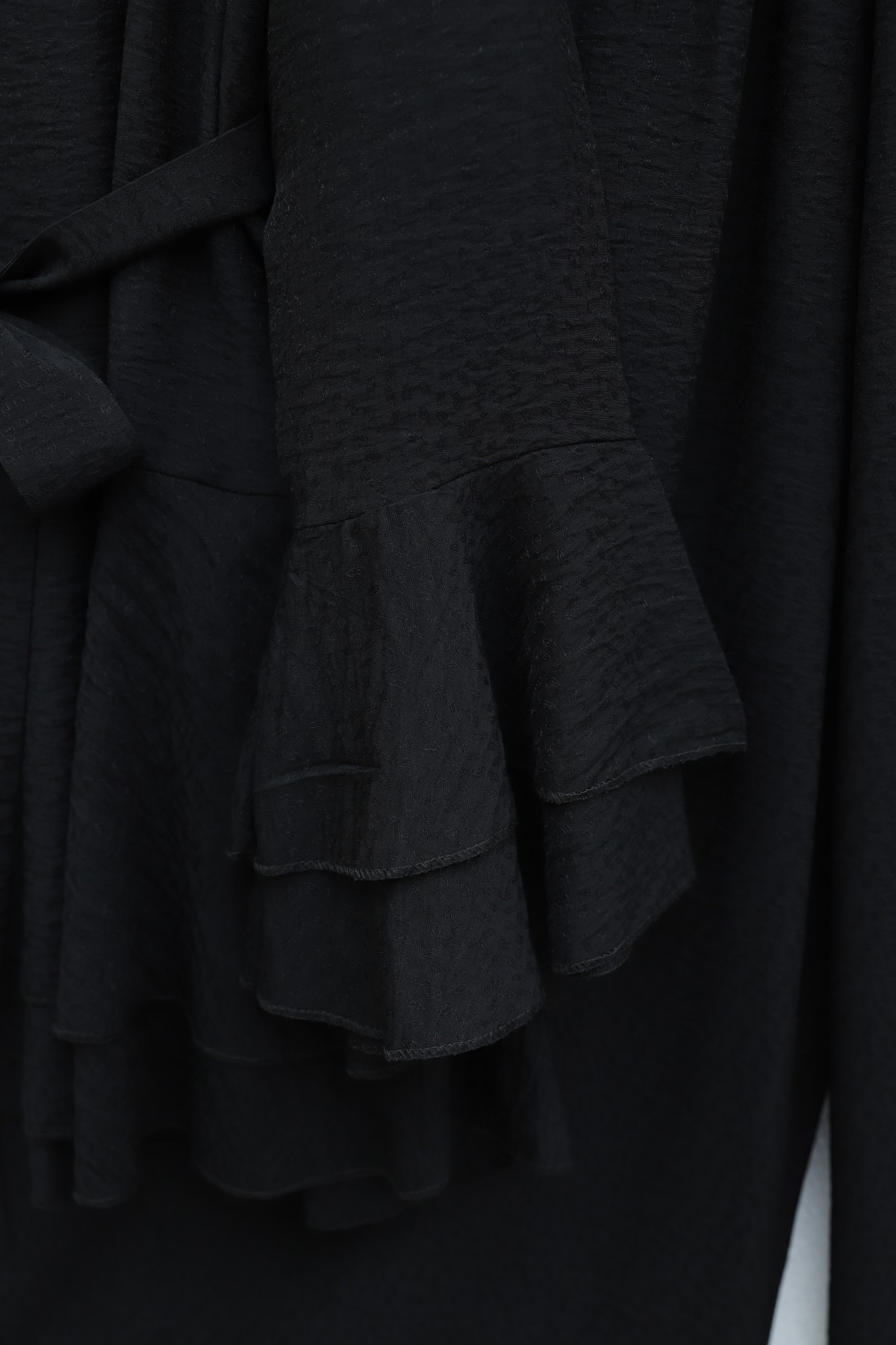 Jacquard Waffle Suit with Ruffled Cuffs and Wide Leg Trousers, and Belt. -Black