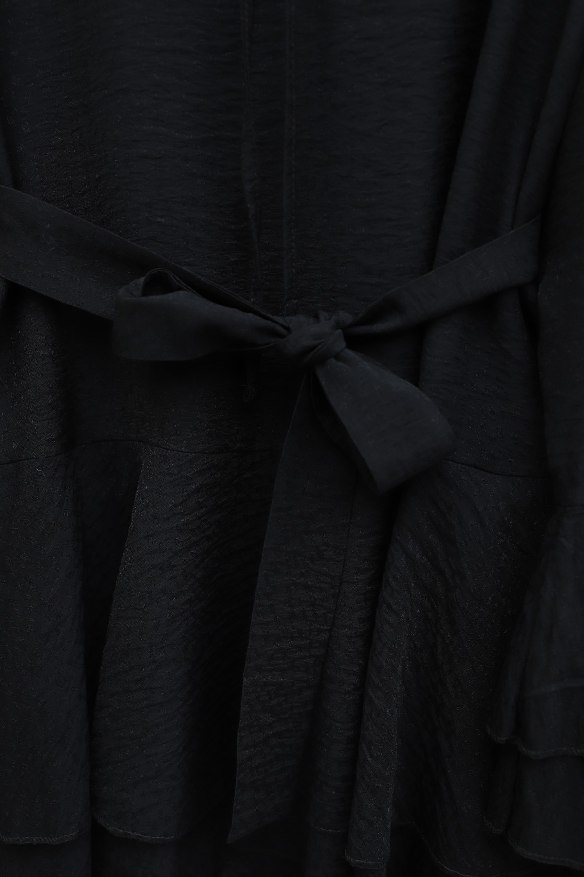 Jacquard Waffle Suit with Ruffled Cuffs and Wide Leg Trousers, and Belt. -Black