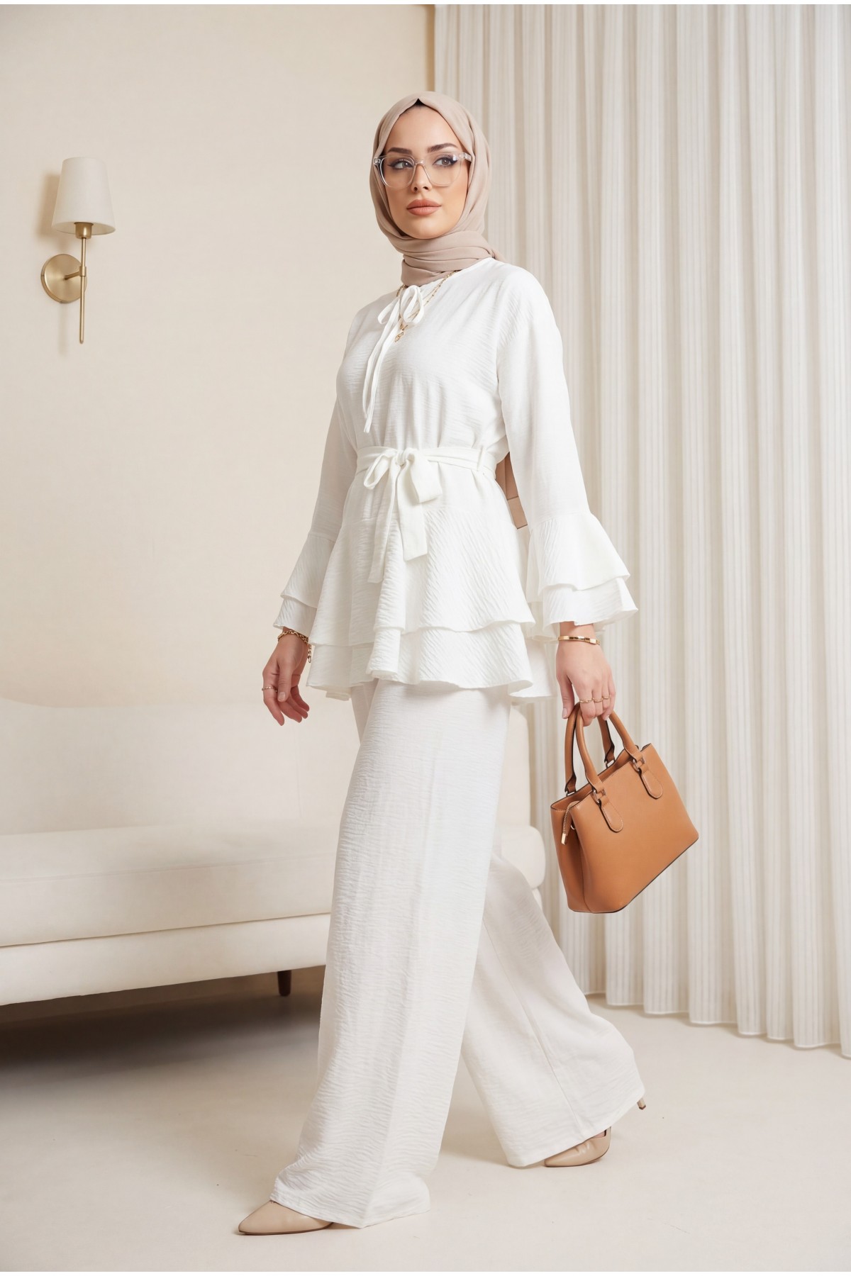 Jacquard Waffle Suit with Ruffled Cuffs and Wide Leg Trousers, and Belt. -White