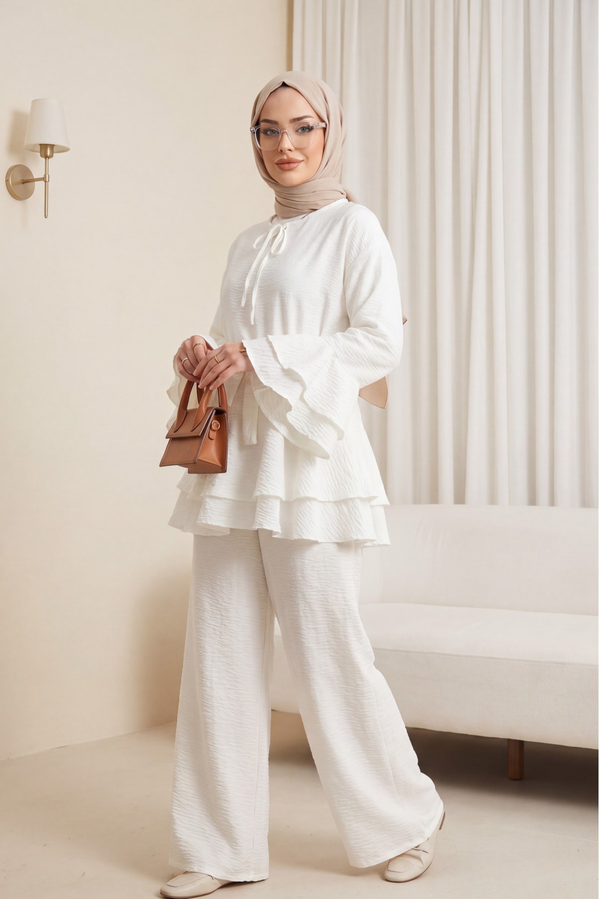 Jacquard Waffle Suit with Ruffled Cuffs and Wide Leg Trousers, and Belt. -White