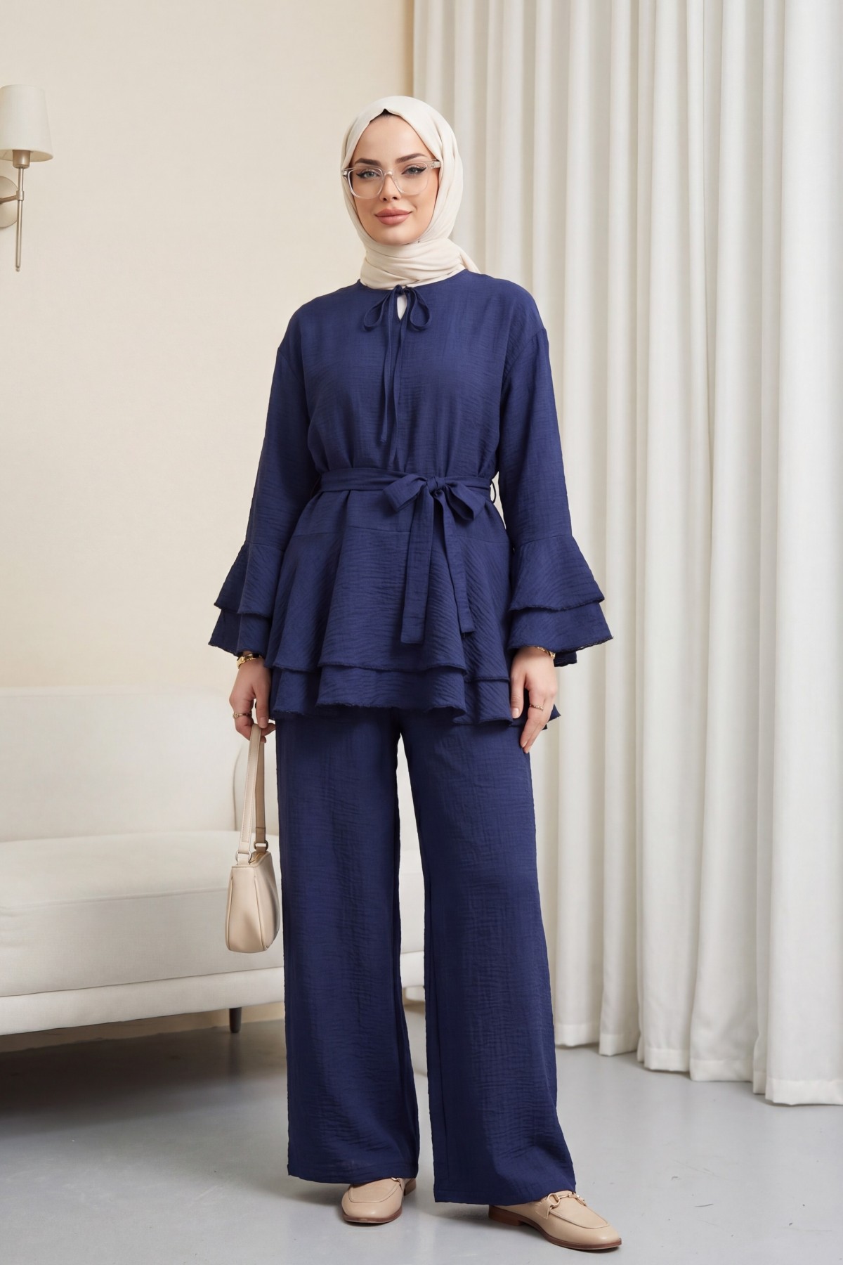 Jacquard Waffle Suit with Ruffled Cuffs and Wide Leg Trousers, and Belt. -Navy blue
