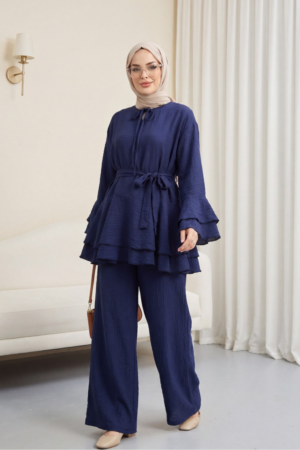 Jacquard Waffle Suit with Ruffled Cuffs and Wide Leg Trousers, and Belt. -Navy blue