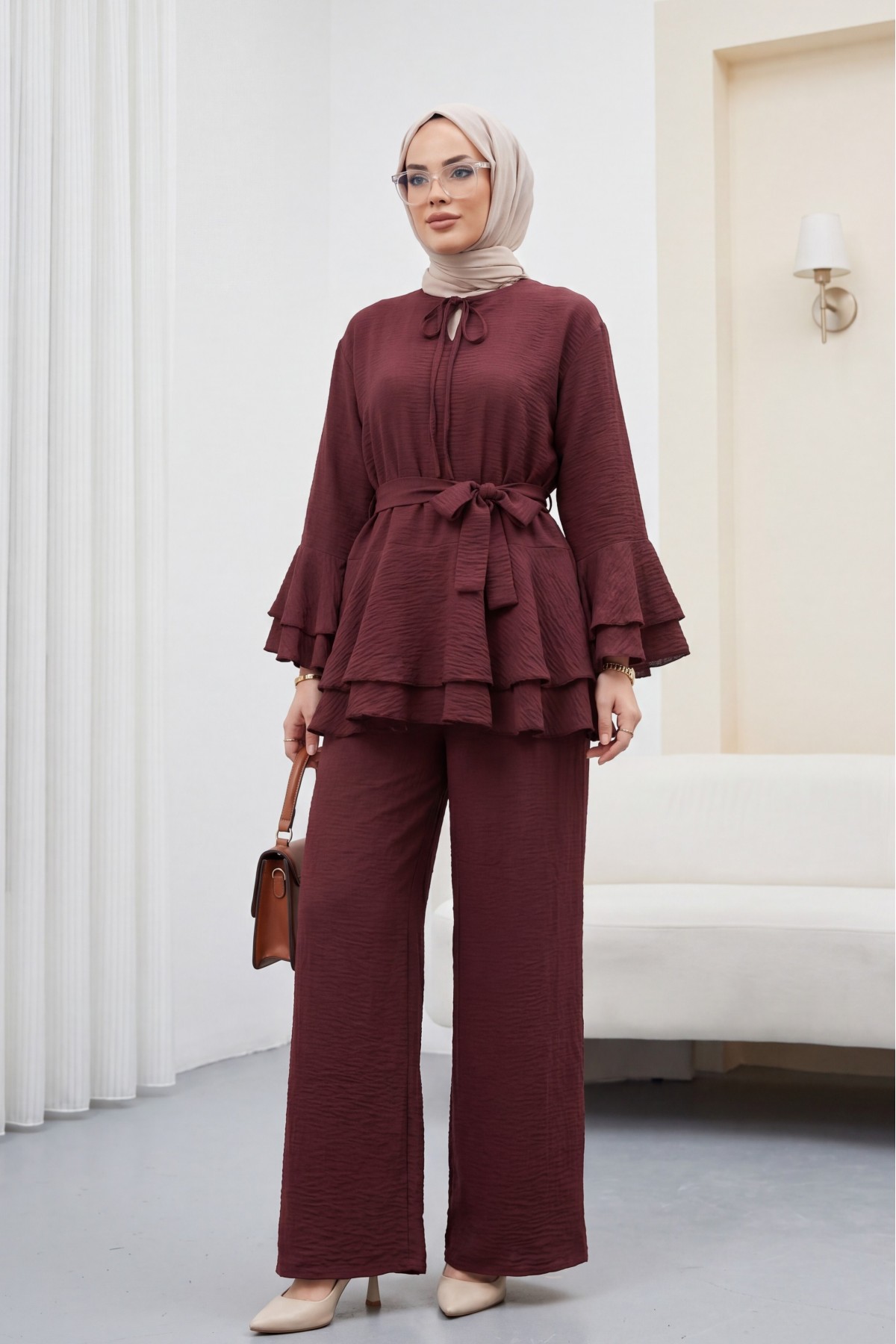Jacquard Waffle Suit with Ruffled Cuffs and Wide Leg Trousers, and Belt. -Maroon