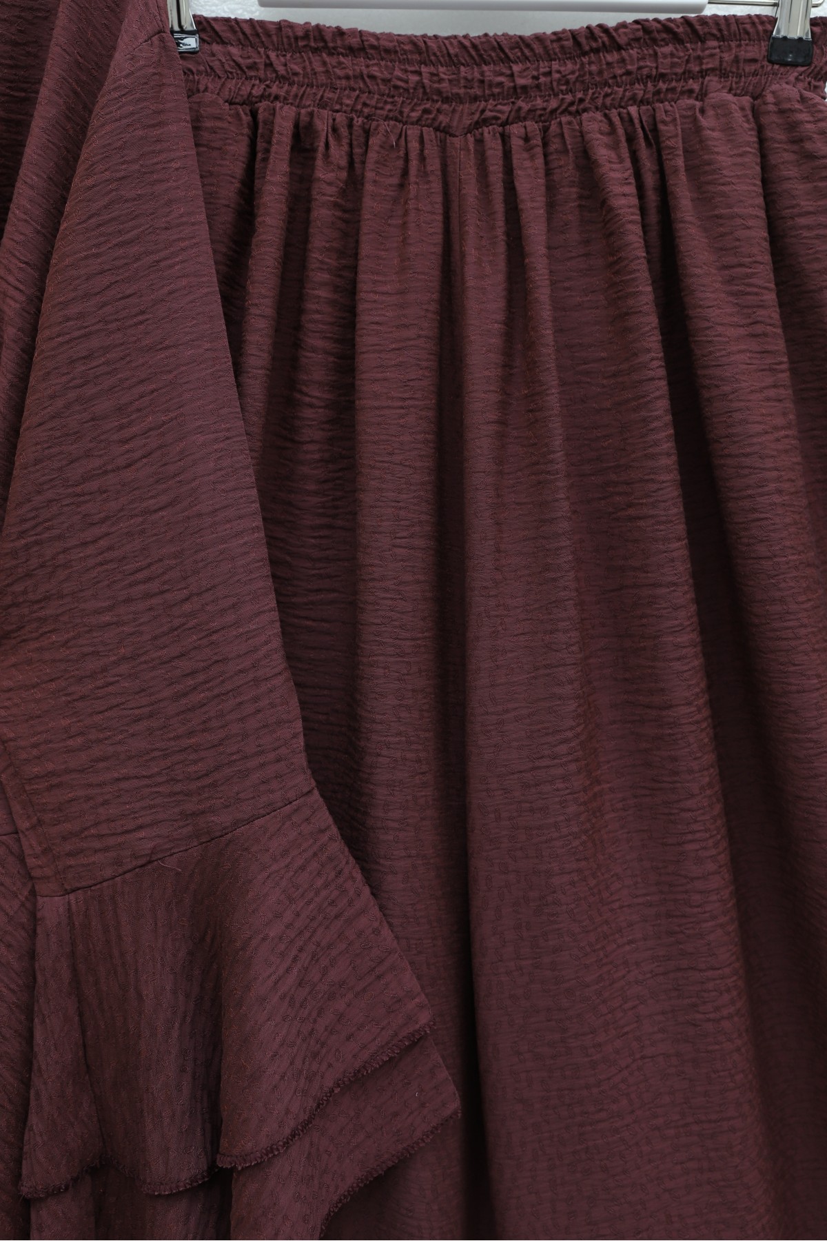 Jacquard Waffle Suit with Ruffled Cuffs and Wide Leg Trousers, and Belt. -Maroon