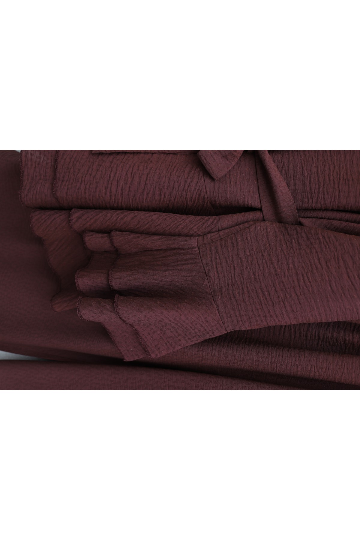 Jacquard Waffle Suit with Ruffled Cuffs and Wide Leg Trousers, and Belt. -Maroon