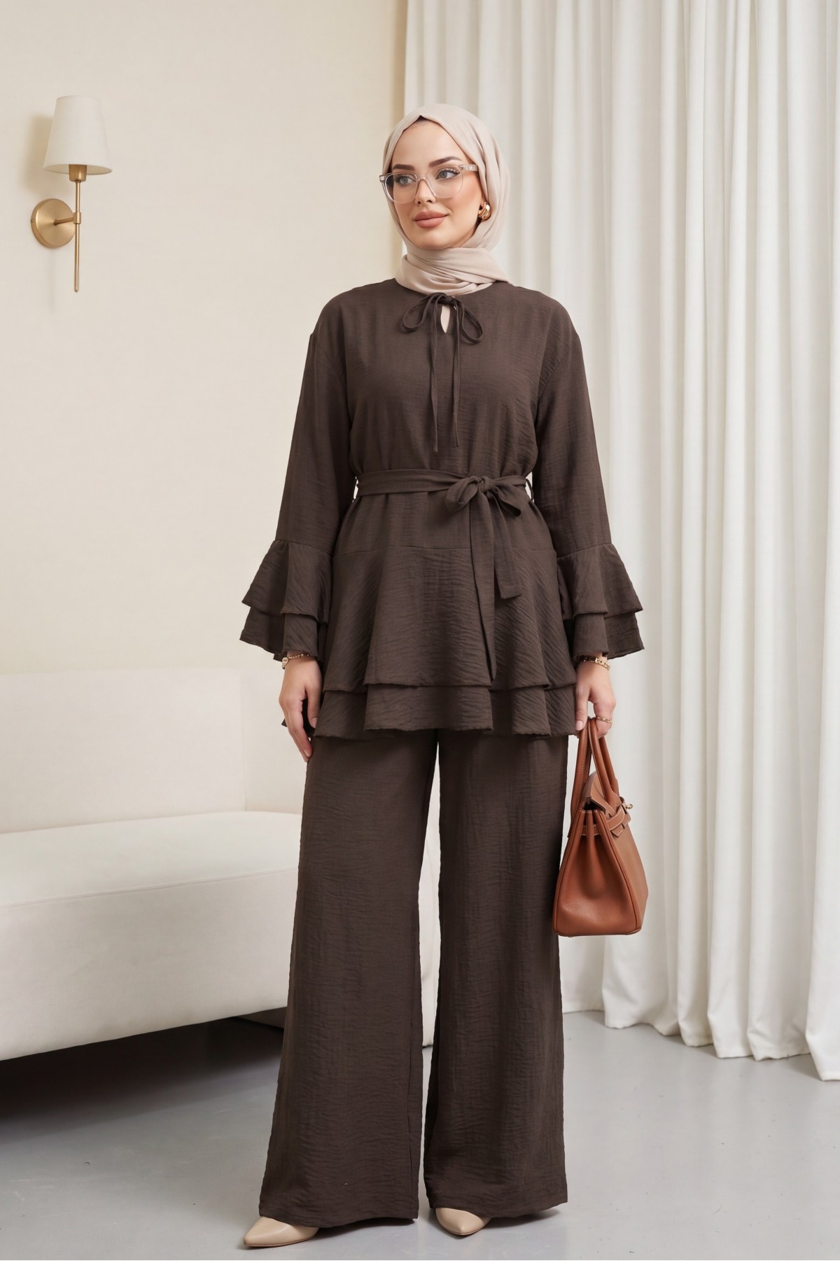 Jacquard Waffle Suit with Ruffled Cuffs and Wide Leg Trousers, and Belt. -Dark Coffee