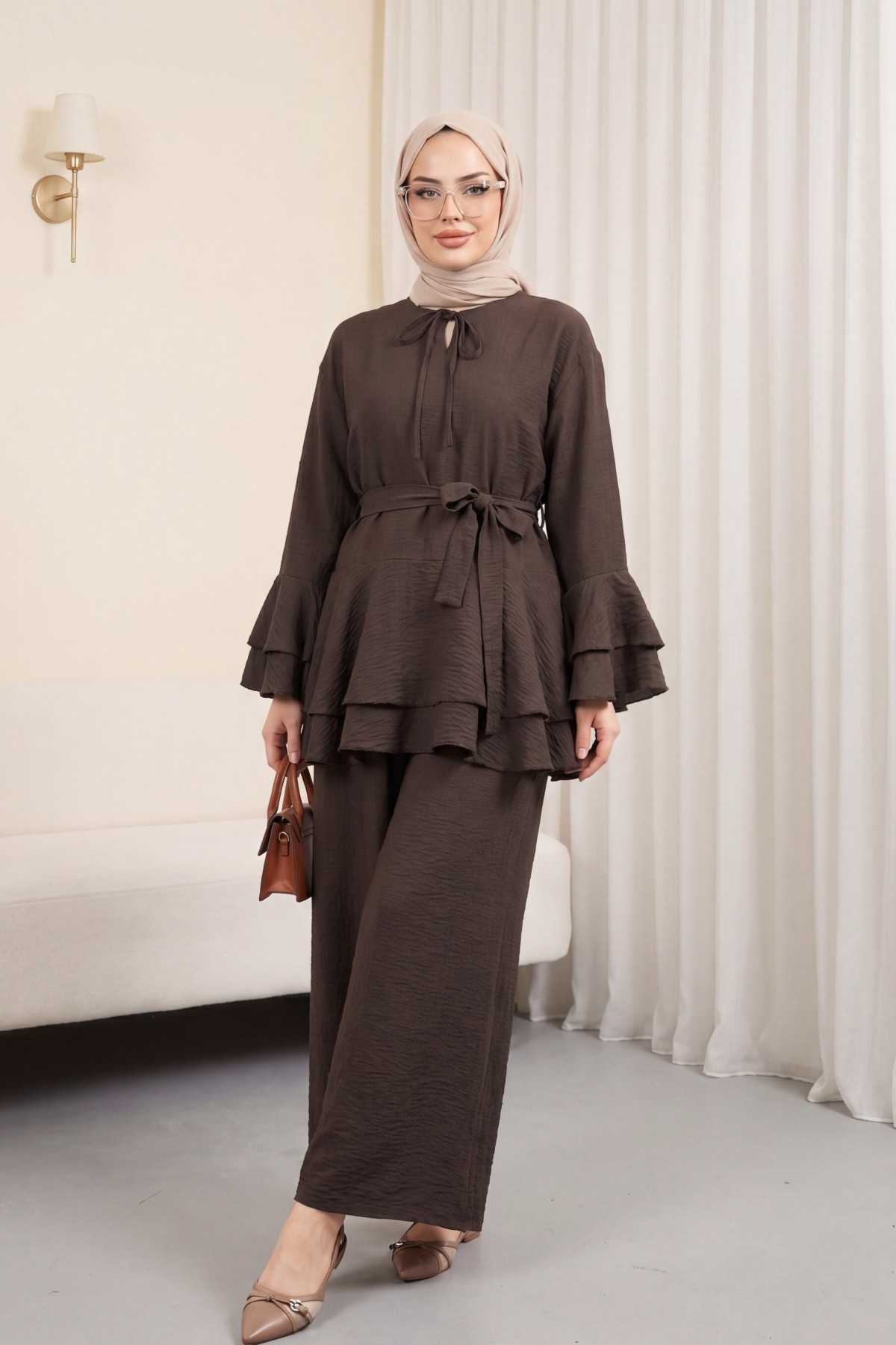 Jacquard Waffle Suit with Ruffled Cuffs and Wide Leg Trousers, and Belt. -Dark Coffee