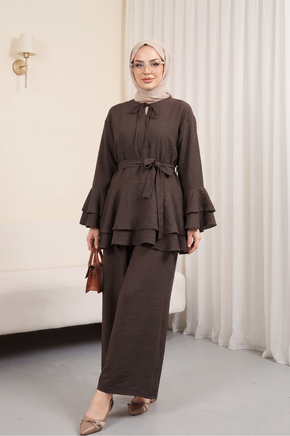 Jacquard Waffle Suit with Ruffled Cuffs and Wide Leg Trousers, and Belt. -Dark Coffee