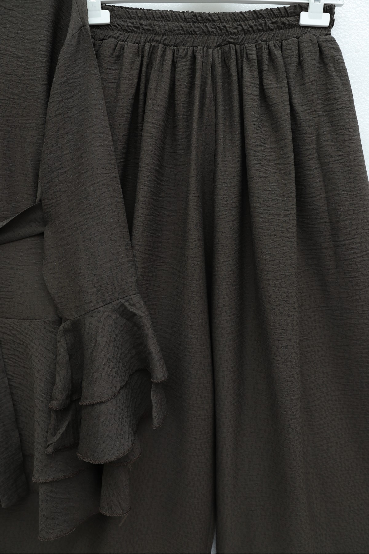 Jacquard Waffle Suit with Ruffled Cuffs and Wide Leg Trousers, and Belt. -Dark Coffee