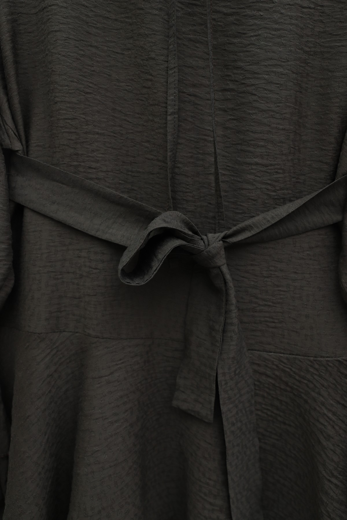 Jacquard Waffle Suit with Ruffled Cuffs and Wide Leg Trousers, and Belt. -Dark Coffee