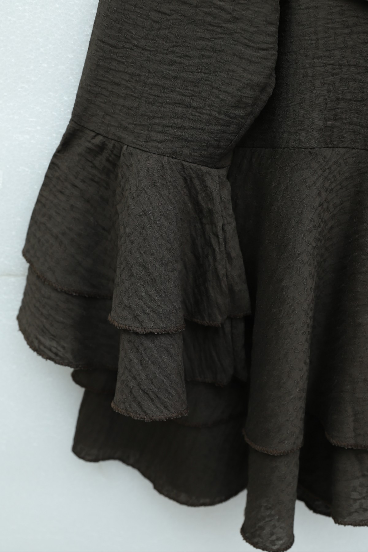 Jacquard Waffle Suit with Ruffled Cuffs and Wide Leg Trousers, and Belt. -Dark Coffee
