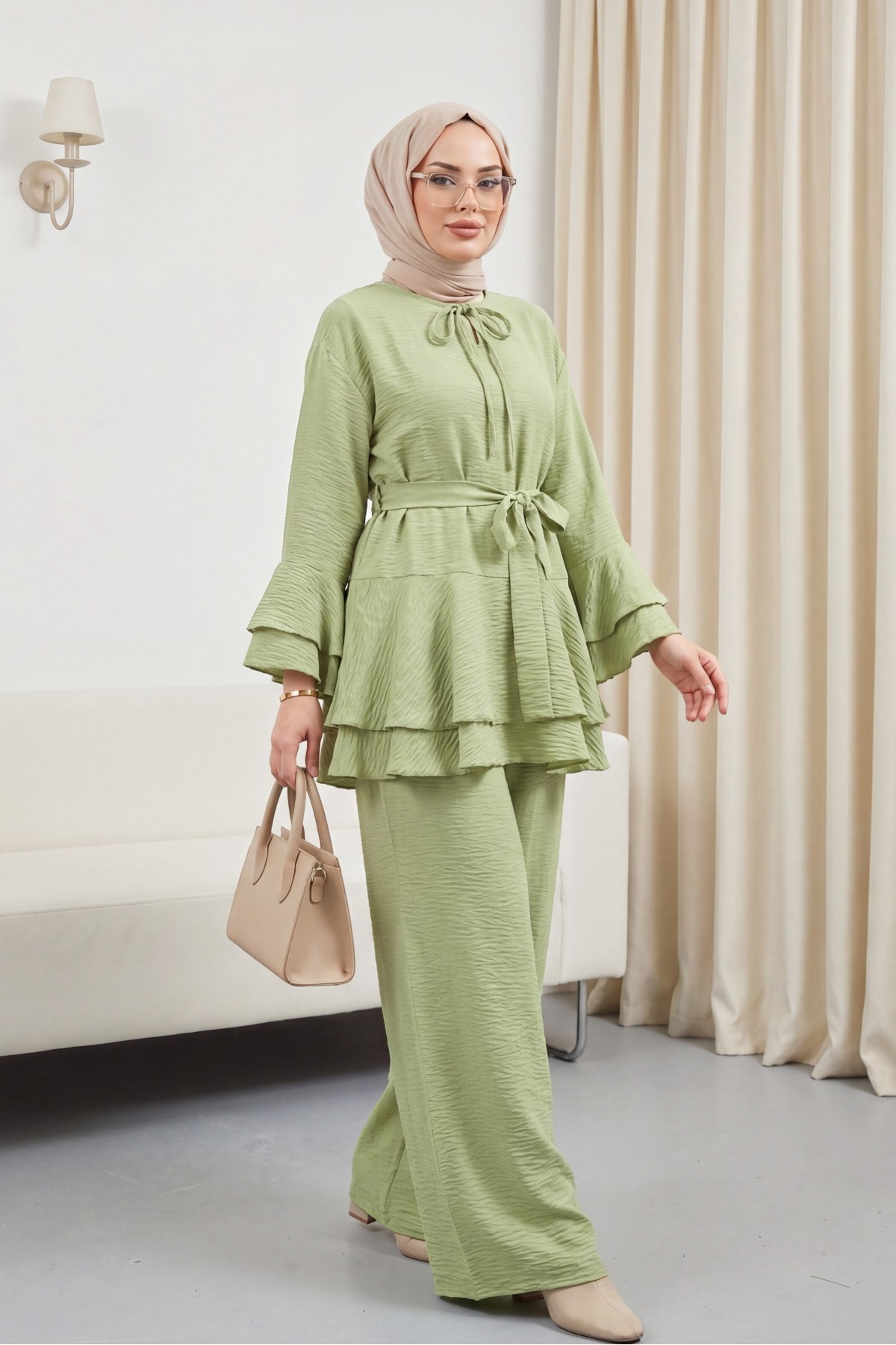 Jacquard Waffle Suit with Ruffled Cuffs and Wide Leg Trousers, and Belt. -PISTACHIO GREEN