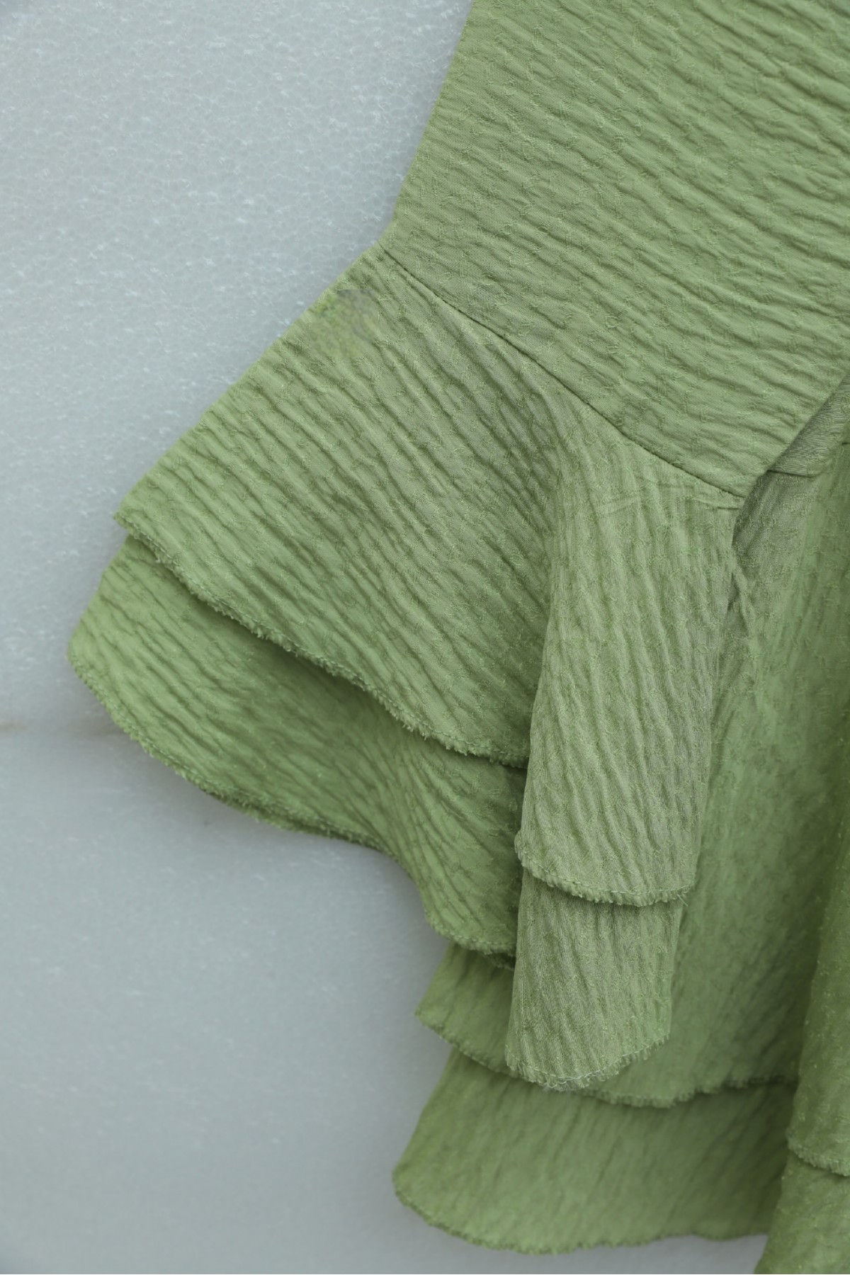 Jacquard Waffle Suit with Ruffled Cuffs and Wide Leg Trousers, and Belt. -PISTACHIO GREEN