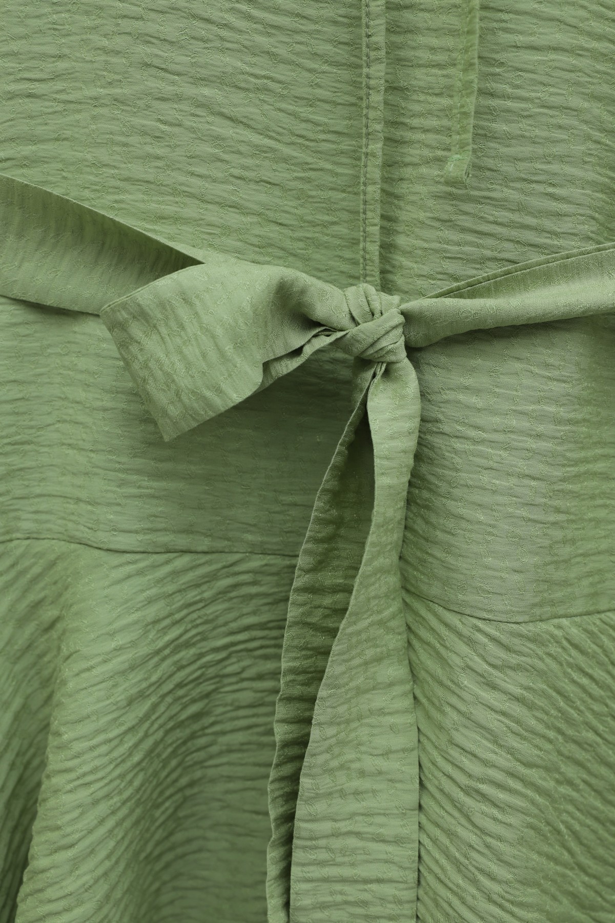 Jacquard Waffle Suit with Ruffled Cuffs and Wide Leg Trousers, and Belt. -PISTACHIO GREEN