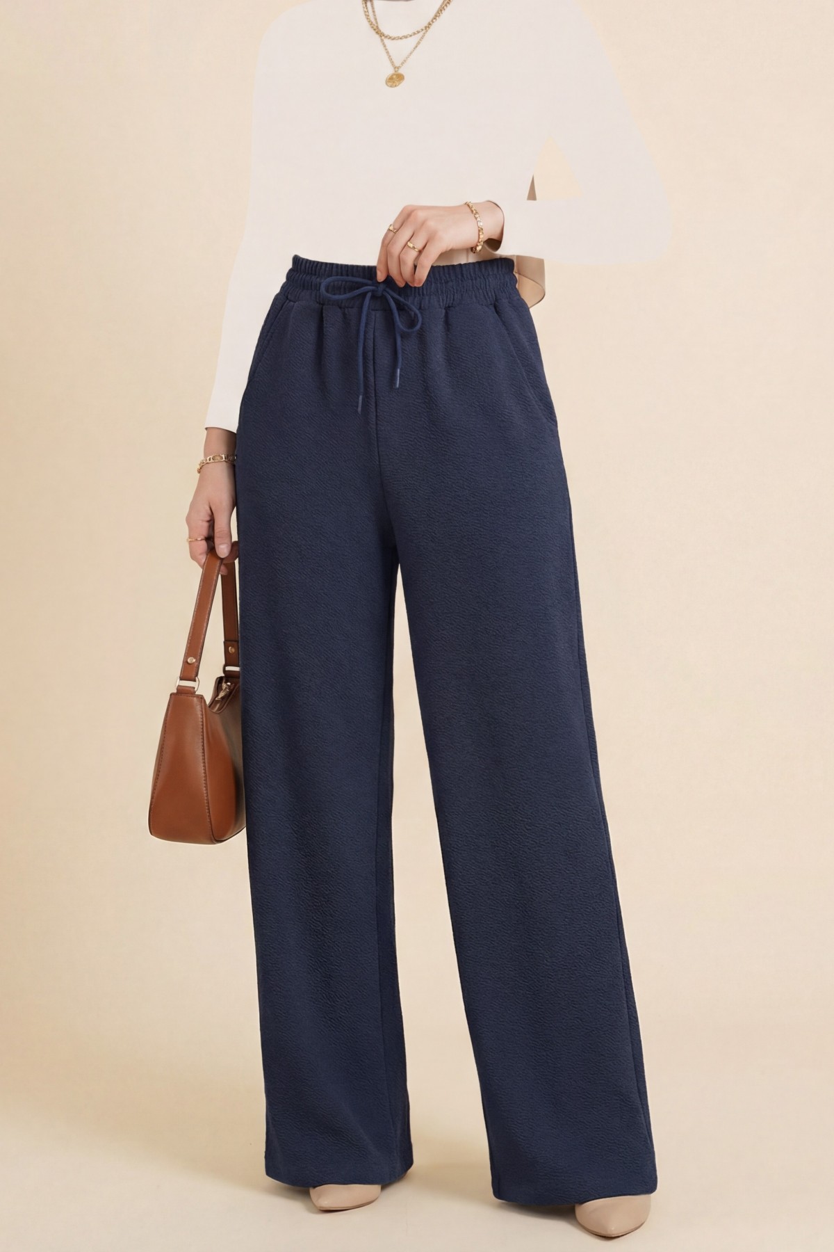 Zra Crepe Trousers with Pockets and Tied Waist -Navy blue