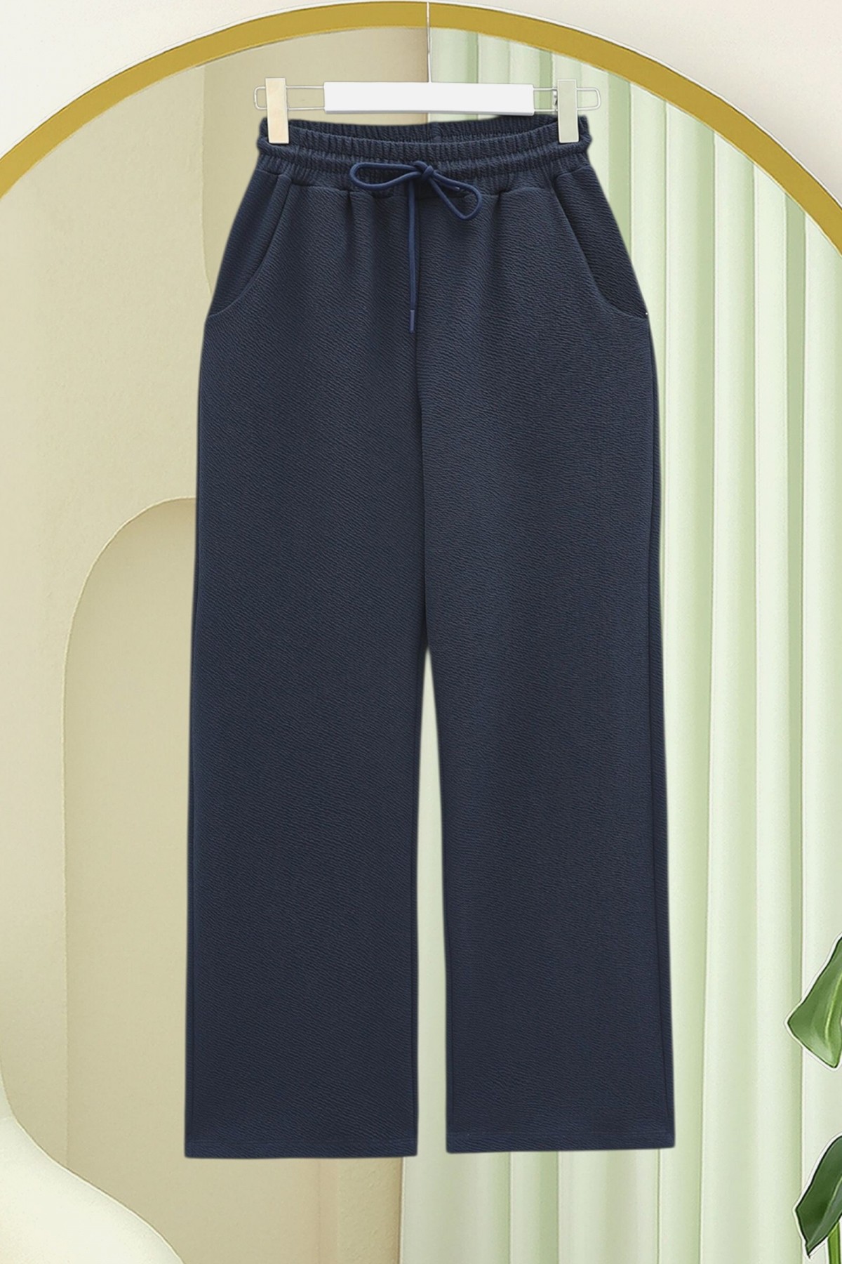 Zra Crepe Trousers with Pockets and Tied Waist -Navy blue