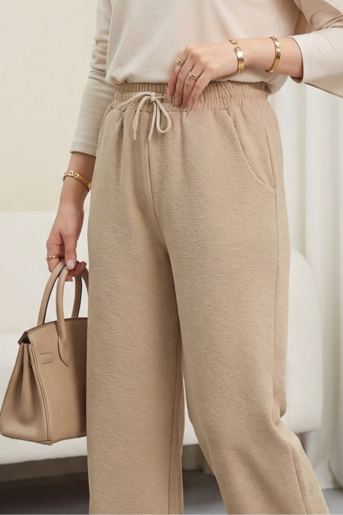Zra Crepe Trousers with Pockets and Tied Waist -Light Mink