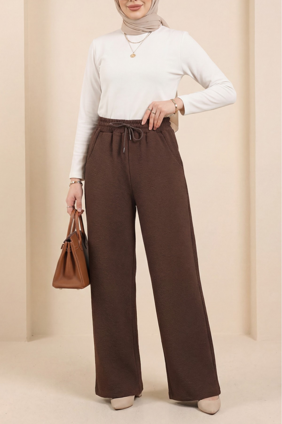 Zra Crepe Trousers with Pockets and Tied Waist -Dark Coffee