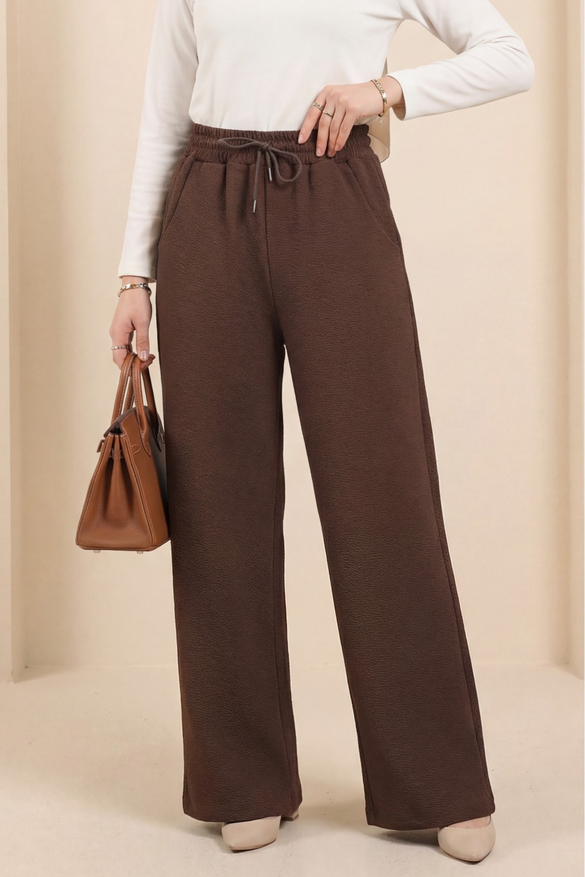 Zra Crepe Trousers with Pockets and Tied Waist -Dark Coffee