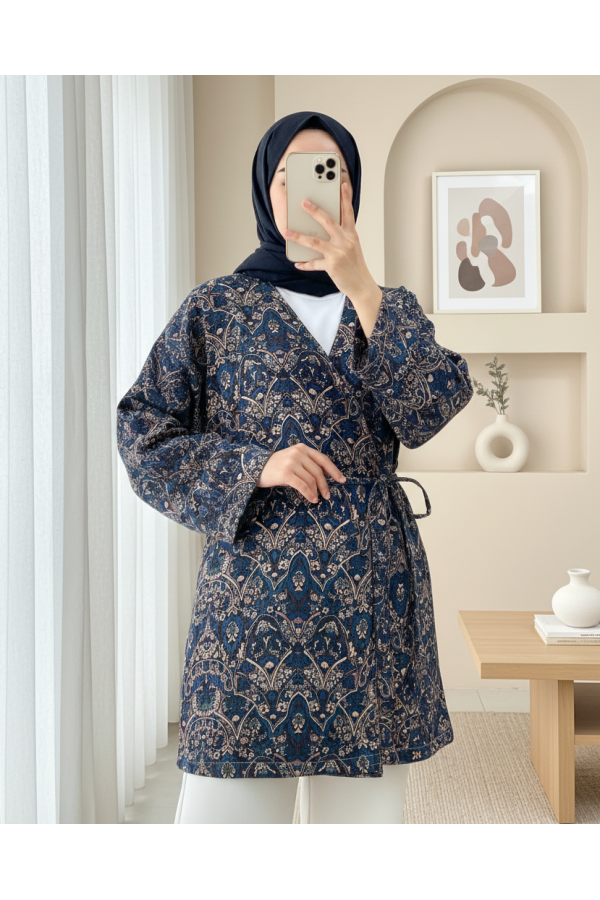 Beli Bağlamalı Cepli Desenli Astarlı Kapitone Kimono -Laci