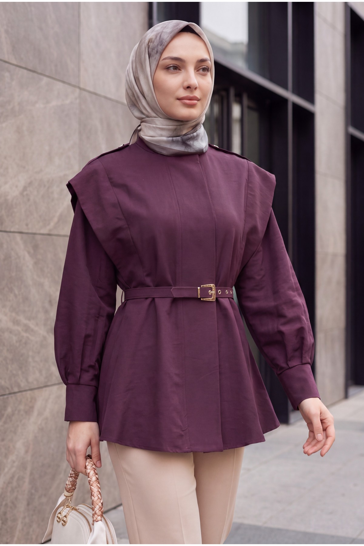 Dik Yaka Boydan Düğmeli Kemerli Trençkot -Mürdüm
