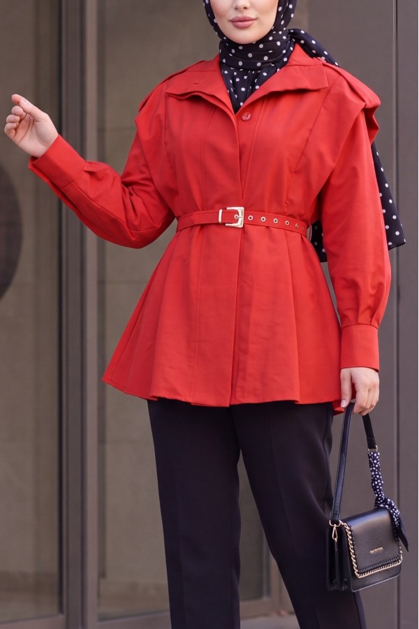 Stand-Collar Belted Trench Coat with Full-Length Button Closure -Red