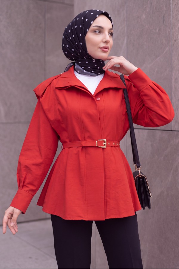 Stand-Collar Belted Trench Coat with Full-Length Button Closure -Red
