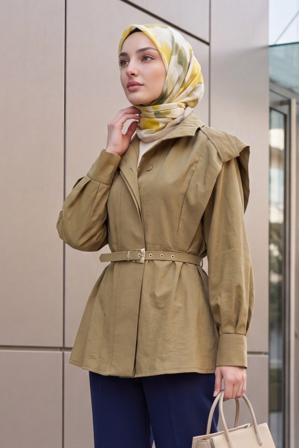 Stand-Collar Belted Trench Coat with Full-Length Button Closure -Oil Green