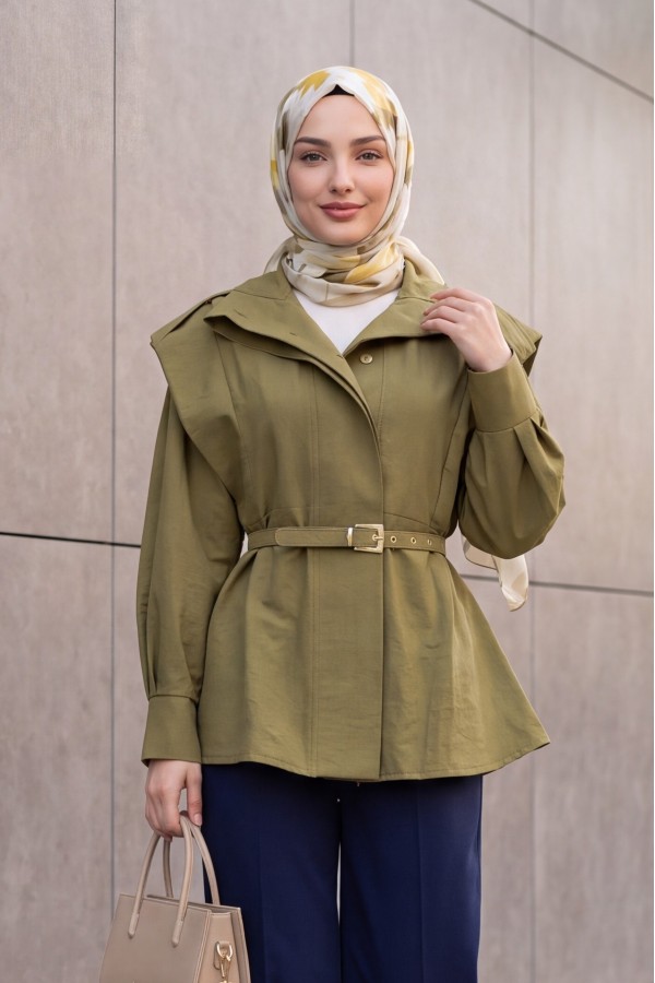 Stand-Collar Belted Trench Coat with Full-Length Button Closure -Oil Green
