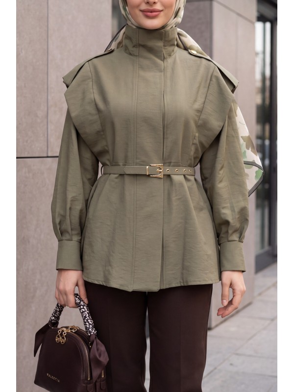 Stand-Collar Belted Trench Coat with Full-Length Button Closure -Light coffee